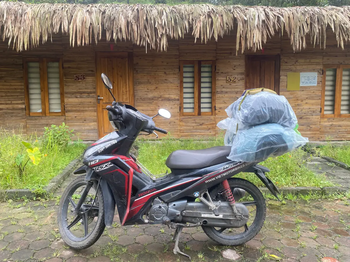 Renting a motorbike in Vietnam semi-automatic bike ready and packed for a long drive.